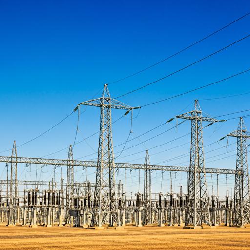 Power transmission lines and towers against a blue sky